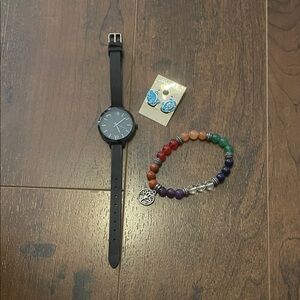 Black Watch with Multicolor Beaded Bracelet and Blue Earrings
